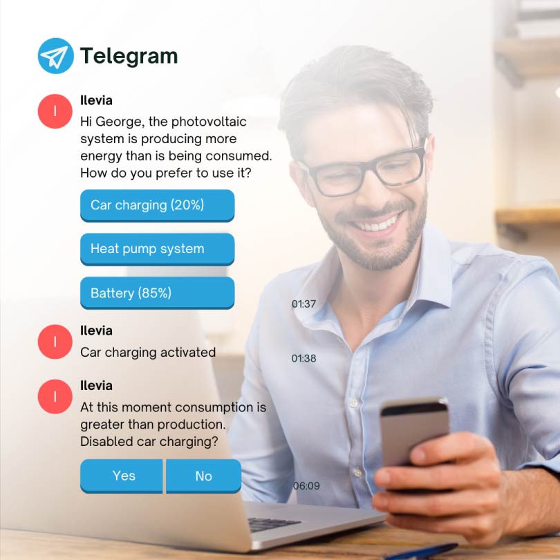 Satisfied man using smartphone at work reading the Ilevia chat on Telegram