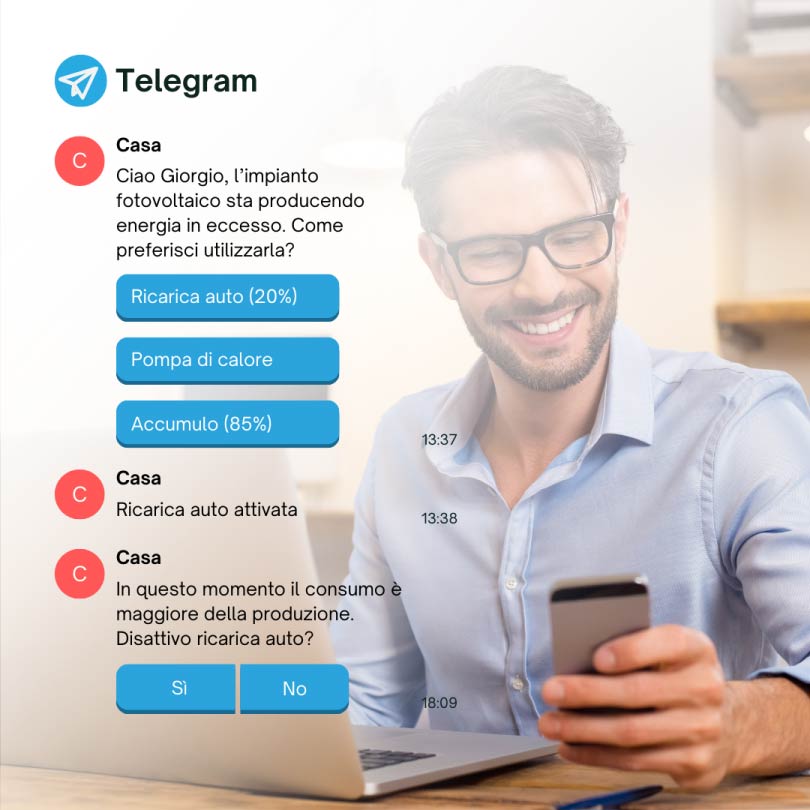 Satisfied man using smartphone at work reading the Ilevia chat on Telegram