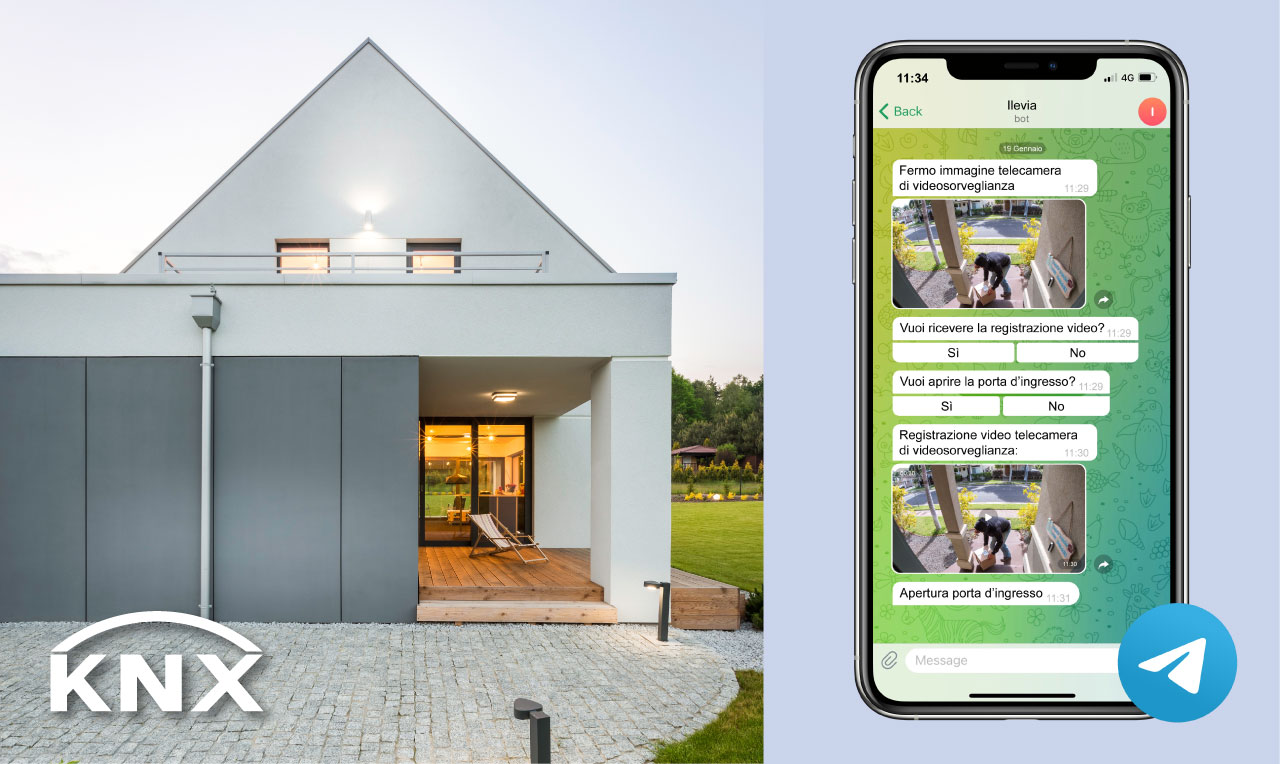 Preview of an Ilevia chat on Telegram displaying messages of snapshots, video recording and request for actions on the smart home
