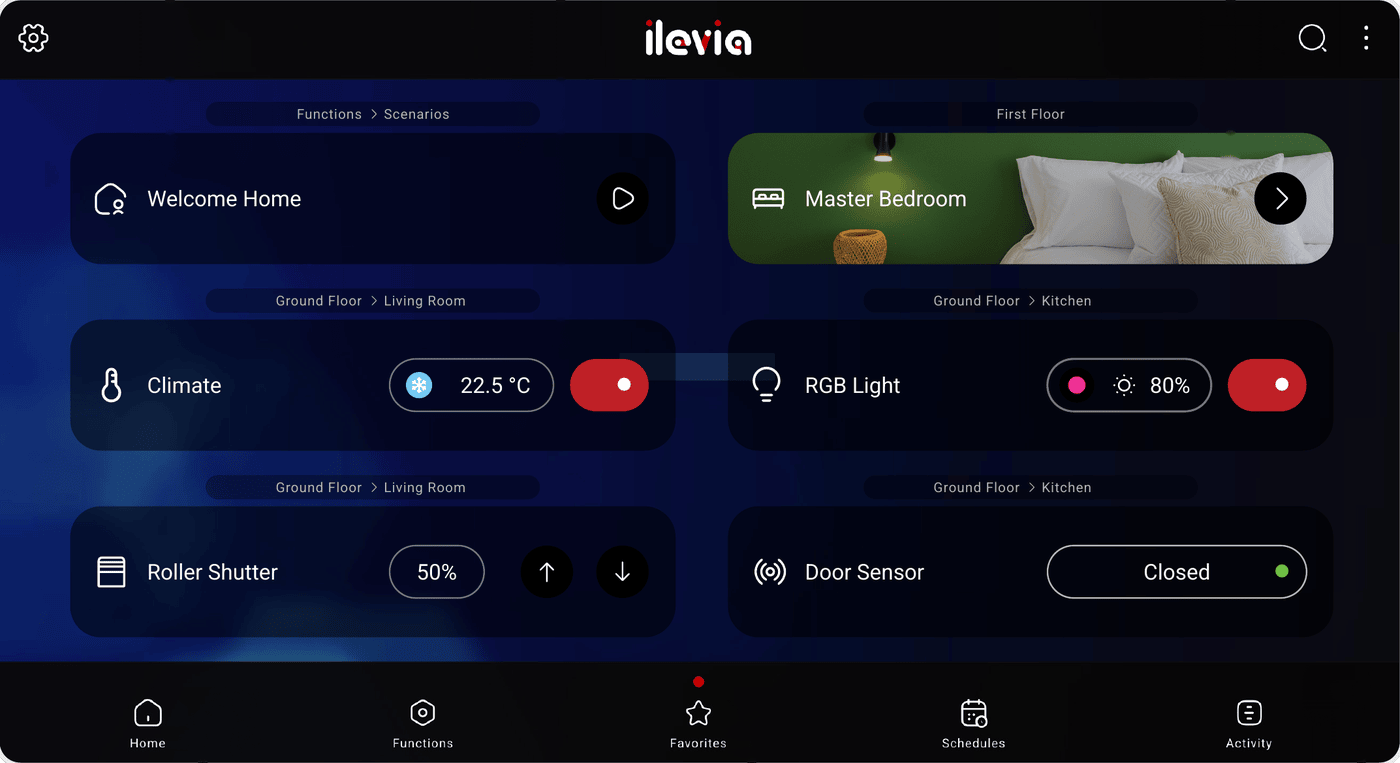 Ilevia Control dashboard with room widgets