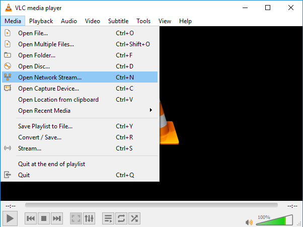 How to start a network stream to test the IP camera URL inside the multimedia playback software VLC Media Player